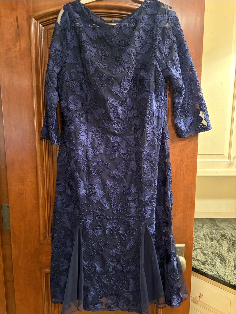 Alex Evenings Navy Lace Long 3/4 Sleeve Gown